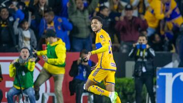 Tigres' Ozziel Herrera celebrates after scoring against America during their Mexican Apertura 2023 football tournament match at the Universitario stadium in Monterrey, Mexico, on December 14, 2023. (Photo by Julio Cesar AGUILAR / AFP)