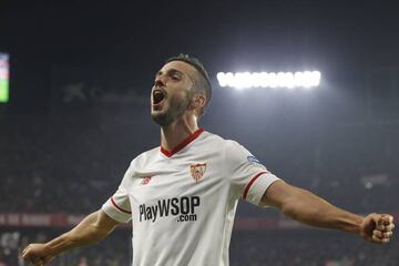 Sevilla's Pablo Sarabia celebrates scoring the final goal against Atlético Madrid on Tuesday as the Andalusians secured their spot in the Copa del Rey semi-finals.