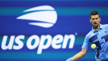 Serbia's Novak Djokovic returns the ball to Moldova's Radu Albot during their men's singles first round tennis match on day one of the US Open tennis tournament at the USTA Billie Jean King National Tennis Center in New York City, on August 26, 2024. (Photo by CHARLY TRIBALLEAU / AFP)