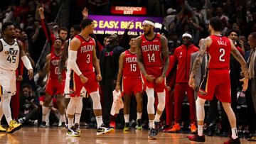 Jan 16, 2020; New Orleans, Louisiana, USA; New Orleans Pelicans forward Brandon Ingram (14) celebrates after scoring against the Utah Jazz with 0.2 seconds left in regulation at the Smoothie King Center. Mandatory Credit: Derick E. Hingle-USA TODAY Sports
