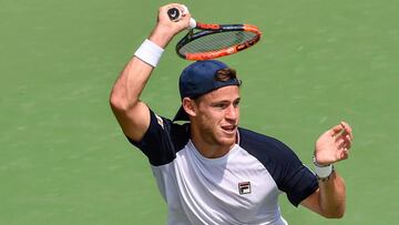 MONTREAL, QC - AUGUST 10: Diego Schwartzman of Argentina hits a return against Jared Donaldson of the United States in the men&#039;s singles match during day seven of the Rogers Cup presented by National Bank at Uniprix Stadium on August 10, 2017 in Montreal, Quebec, Canada.   Minas Panagiotakis/Getty Images/AFP
 == FOR NEWSPAPERS, INTERNET, TELCOS &amp; TELEVISION USE ONLY ==