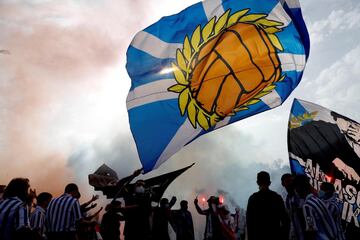 Real Sociedad fans cheer the team on their way down to Seville for the Copa del Rey final.