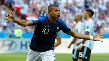 Mbappé celebra un gol ante Argentina durante el Mundial de Rusia 2018.