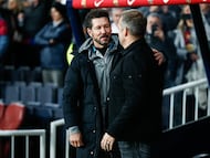 BARCELONA, SPAIN - FEBRUARY 25: Diego Pablo Simeone, head coach of Atletico de Madrid, and Hansi Flick, head coach of FC Barcelona, greet each other during the Spanish Cup, Copa del Rey, semi-final football match played between FC Barcelona and Atletico de Madrid at Estadi Olimpic Lluis Companys on February 25, 2025 in Barcelona, Spain. (Photo By Irina R. Hipolito/Europa Press via Getty Images)