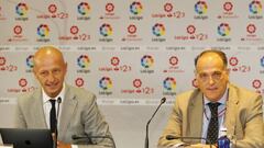 Esteve Calzada y Javier Tebas durante la presentaci&oacute;n del Informe Soccerex.