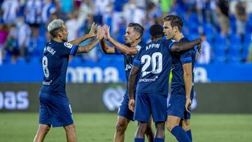 Jugadores del Ibiza celebran la victoria contra el Leganés.