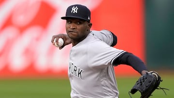 OAKLAND, CALIFORNIA - JUNE 28: Domingo German #0 of the New York Yankees pitches against the Oakland Athletics in the bottom of the first inning at RingCentral Coliseum on June 28, 2023 in Oakland, California.   Thearon W. Henderson/Getty Images/AFP (Photo by Thearon W. Henderson / GETTY IMAGES NORTH AMERICA / Getty Images via AFP)