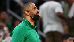 (FILES) In this file photo taken on June 10, 2022 head coach Ime Udoka of the Boston Celtics looks on in the third quarter against the Golden State Warriors during Game Four of the 2022 NBA Finals at TD Garden in Boston, Massachusetts. - The Boston Celtics suspended head coach Ime Udoka for the entire 2022-23 NBA season on Thursday for "violations of team policies."
"A decision about his future with the Celtics beyond this season will be made at a later date," the team said in a statement. "The suspension takes effect immediately." (Photo by ELSA / GETTY IMAGES NORTH AMERICA / AFP)