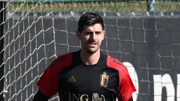 Belgium's goalkeeper Thibaut Courtois takes part in a training session of Belgian national football team the Red Devils, on March 19, 2025 in Tubize, on the eve of the team's Nations League group phase match against Ukraine. (Photo by BRUNO FAHY / Belga / AFP) / Belgium OUT