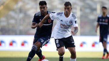 Futbol, Colo Colo vs Universidad de Chile
Trigesima primera fecha, campeonato nacional 2020.
El jugador de Colo Colo Gabriel Costa, derecha, disputa el balon con Gonzalo Espinoza de Universidad de Chile durante el partido de primera division realizado en el estadio Monumental de Santiago, Chile.
17/01/2020
Andres Pina/Photosport
Football, Colo Colo vs Universidad de Chile
31th date, 2020 National Championship.
Colo Colo's player Gabriel Costa, right, battles for the ball against Gonzalo Espinoza of Universidad de Chile during the first division match held at the Monumental stadium in Santiago, Chile.
17/01/2020
Andres Pina/Photosport