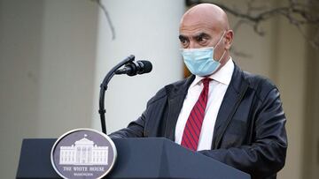 (FILES) In this file photo taken on November 13, 2020, Dr. Moncef Slaoui, delivers an update on "Operation Warp Speed" in the Rose Garden of the White House in Washington, DC. - The US hopes to have immunized 100 million people against Covid-19 by the end of February, Slauoi told reporters on December 2, 2020,, which is approximately 40 percent of the country's adult population. (Photo by MANDEL NGAN / AFP)