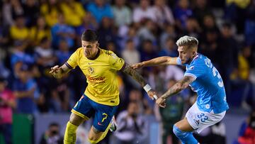 Brian Rodriguez (L) of America fights for the ball with Gonzalo Piovi (R) of Cruz Azul during the 6th round match between Cruz Azul and America as part of the Liga BBVA MX, Torneo Apertura 2024 at Ciudad de los Deportes Stadium on August 31, 2024 in Mexico City, Mexico.