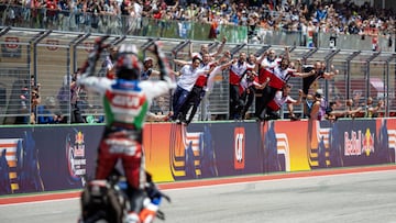 Apr 16, 2023; Austin, TX, USA; Alex Rins (42) of Spain and LCR Honda Castrol celebrates as he crosses the finish line for winning the Red Bull Grand Prix of the Americas on Sunday at Circuit of the Americas. Mandatory Credit: Dustin Safranek-USA TODAY Sports