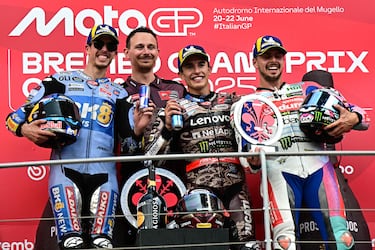Marc Márquez, Álex Márquez y Fabio Di Giannantonio conforman el podio del Gran Premio de Italia de MotoGP 2025.