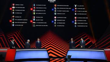 (From L) Sports journalist and presenter Adriano del Monte, Deputy General Secretary of UEFA, Giorgio Marchetti, Hungary's head coach Zoltan Gera, Former German football player Karl-Heinz Korbel and Head of Club Competition Tobias Hedstuck attend the draw for the UEFA Europa League football tournament group stage 2022-2023 in Istanbul on August 26, 2022. (Photo by OZAN KOSE / AFP) (Photo by OZAN KOSE/AFP via Getty Images)