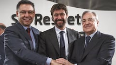 ANDREA AGNELLI, PRESIDENTE DE LA JUVENTUS F.C, JOSEP MARIA BARTOMEU, PRESIDENTE DEL F.C. BARCELONA, FLORENTINO PEREZ, PRESIDENTE DEL REAL MADRID C.F