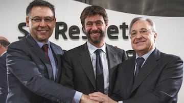 ANDREA AGNELLI, PRESIDENTE DE LA JUVENTUS F.C, JOSEP MARIA BARTOMEU, PRESIDENTE DEL F.C. BARCELONA, FLORENTINO PEREZ, PRESIDENTE DEL REAL MADRID C.F