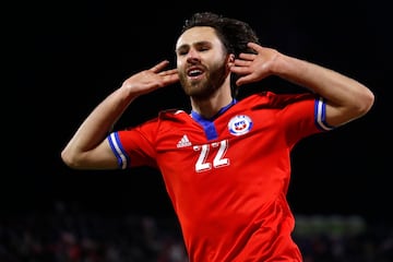 Futbol, Chile vs Venezuela.
Clasificatorias al mundial de Catar 2022.
El jugador de Chile Ben Brereton Diaz,  celebra su gol contra Venezuela durante el partido por las clasificatorias al Mundial de Catar 2022 realizado en el Estadio San Carlos de Apoquindo
Santiago, Chile.
14/10/2021
Andres Pina/Photosport

Football, Chile vs Venezuela.
2022 World cup Qatar qulifying match.
Chile 's player Ben Brereton Diaz,  celebrates his goal against Venezuela during the 2022 Qatar World Cup qualifier football match at San Carlos de Apoquindo
 stadium Santiago, Chile.
10/14/2021
Andres Pina/Photosport