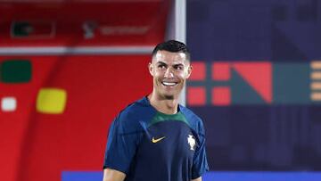 DOHA, QATAR - NOVEMBER 23: Cristiano Ronaldo of Portugal reacts during the Portugal Training Session at Grand Hamad Stadium on November 23, 2022 in Doha, Qatar. (Photo by Mohamed Farag/Getty Images)