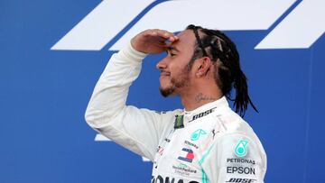 Formula One F1 - Russian Grand Prix - Sochi Autodrom, Sochi, Russia - September 29, 2019  Mercedes&#039; Lewis Hamilton celebrates on the podium after winning the race  REUTERS/Anton Vaganov