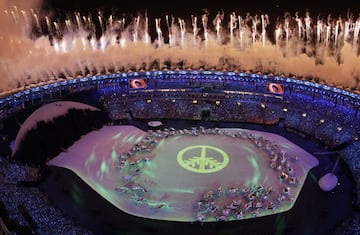 Fireworks are seen over Maracana Stadium during the opening ceremony at the 2016 Summer Olympics in Rio de Janeiro, Brazil, Friday, Aug. 5, 2016. (AP Photo/Morry Gash)