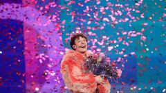 FILE PHOTO: Nemo representing Switzerland reacts while holding flowers after winning during the Grand Final of the 2024 Eurovision Song Contest, in Malmo, Sweden, May 12, 2024. REUTERS/Leonhard Foeger/File Photo