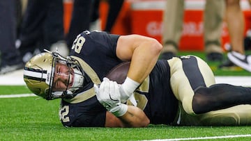 Aug 17, 2025; New Orleans, Louisiana, USA; New Orleans Saints tight end Treyton Welch (82) is injured after a catch against the Jacksonville Jaguars during the first half at Caesars Superdome. Mandatory Credit: Stephen Lew-Imagn Images