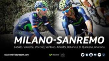 Los ocho corredores del Movistar Team que competir&aacute;n este domingo en la Mil&aacute;n-San Remo.