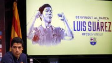 Luis Suárez, en su preasentación con el Barça.