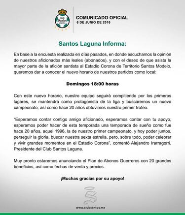Santos Laguna anuncia cambio de horario como local