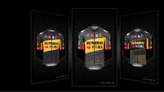Imagen de las tres propuestas de maillot del Jumbo-Visma para el Tour de Francia que ser&aacute;n votadas por los aficionados.