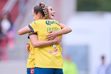   Irene Guerrero celebrates her goal 2-0 with Jana Gutierrez of America  during the 12th round match between America and Santos as part of the Liga BBVA MX Femenil, Torneo Apertura 2024 at Cancha Centenario on September 26, 2024 in Mexico City, Mexico.