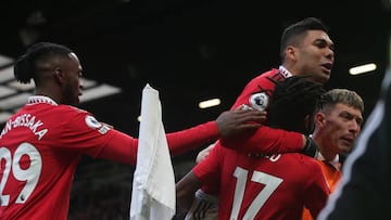 MANCHESTER, ENGLAND - JANUARY 14: Casemiro of Manchester United celebrates Marcus Rashford scoring their second goal during the Premier League match between Manchester United and Manchester City at Old Trafford on January 14, 2023 in Manchester, England. (Photo by Matthew Peters/Manchester United via Getty Images)