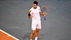 Austria's Dominic Thiem reacts during his match against Croatia's Borna Coric during their Davis Cup qualifying tennis match between Croatia and Austria, in Rijeka on February 5, 2023. (Photo by Denis LOVROVIC / AFP)