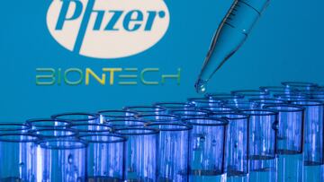 FILE PHOTO: Test tubes are seen in front of displayed Pfizer and Biontech logos in this illustration taken, May 21, 2021. REUTERS/Dado Ruvic/Illustration/File Photo