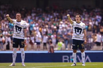   Rogelio Funes Mori and Ulises Rivas of Pumas during the 1st round match between Pumas UNAM and Leon as part of the Torneo Apertura 2024 Liga MX at Olimpico Universitario Stadium on July 07, 2024 in Mexico City, Mexico.