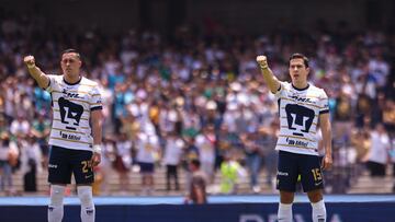 Rogelio Funes Mori and Ulises Rivas of Pumas during the 1st round match between Pumas UNAM and Leon as part of the Torneo Apertura 2024 Liga MX at Olimpico Universitario Stadium on July 07, 2024 in Mexico City, Mexico.