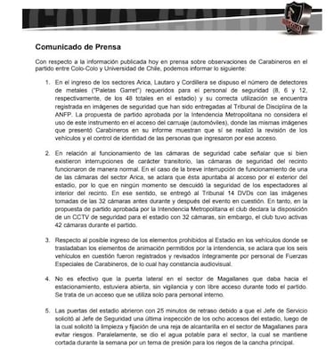 La defensa de Colo Colo ante el duro informe de Carabineros