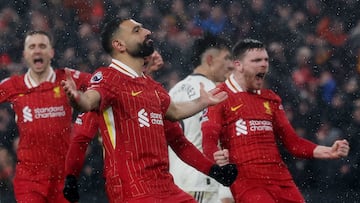 Soccer Football - Premier League - Liverpool v Manchester United - Anfield, Liverpool, Britain - January 5, 2025 Liverpool's Mohamed Salah celebrates scoring their second goal with teammates REUTERS/Phil Noble EDITORIAL USE ONLY. NO USE WITH UNAUTHORIZED AUDIO, VIDEO, DATA, FIXTURE LISTS, CLUB/LEAGUE LOGOS OR 'LIVE' SERVICES. ONLINE IN-MATCH USE LIMITED TO 120 IMAGES, NO VIDEO EMULATION. NO USE IN BETTING, GAMES OR SINGLE CLUB/LEAGUE/PLAYER PUBLICATIONS. PLEASE CONTACT YOUR ACCOUNT REPRESENTATIVE FOR FURTHER DETAILS..