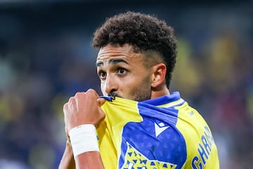 Chris Ramos celebrando el gol de la victoria frente al Albacete en el encuentro que enfrentaba al Cádiz contra el conjunto manchego en el Nuevo Mirandilla.