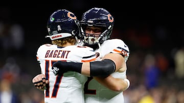 Tyson Bagent #17 of the Chicago Bears and Lucas Patrick #62