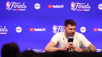 BOSTON, MASSACHUSETTS - JUNE 05: Luka Doncic #77 of the Dallas Mavericks speaks to the media during the 2024 NBA Finals Media Day at TD Garden on June 05, 2024 in Boston, Massachusetts. Maddie Meyer/Getty Images/AFP (Photo by Maddie Meyer / GETTY IMAGES NORTH AMERICA / Getty Images via AFP)