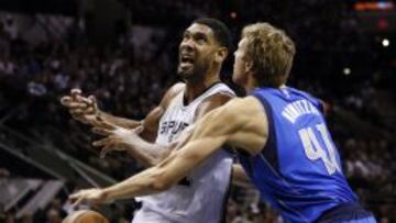 Dirk Nowitzki defiende a Tim Duncan.