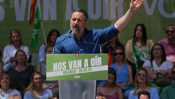 El l¨ªder de VOX, Santiago Abascal, interviene durante un acto de campa?a de VOX, en la Plaza de los Fueros, a 26 de mayo de 2024, en Valencia, Comunidad Valenciana (Espa?a). Santiago Abascal se ha desplazado a Valencia para apoyar al candidato de VOX a los comicios europeos, Jorge Buxad¨¦, como parte de los actos de campa?a del partido de cara a las pr¨®ximas elecciones del 9 de junio.
26 MAYO 2024;VOX;CAMPA?A;ELECTORAL;ELECCIONES;COMICIOS;EUROPEAS;9J;9 DE JUNIO
Jorge Gil / Europa Press
26/05/2024