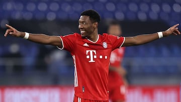 GELSENKIRCHEN, GERMANY - JANUARY 24: David Alaba of Bayern Munich celebrates after scoring their sides fourth goal during the Bundesliga match between FC Schalke 04 and FC Bayern Muenchen at Veltins-Arena on January 24, 2021 in Gelsenkirchen, Germany. Spo