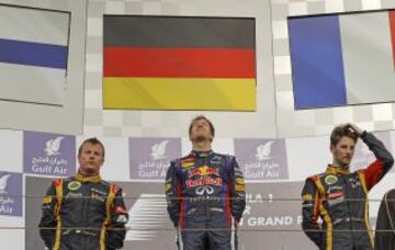 Podio del Gran Premio de Bahrain 2013, Raikkonen, Vettel y Grosjean.