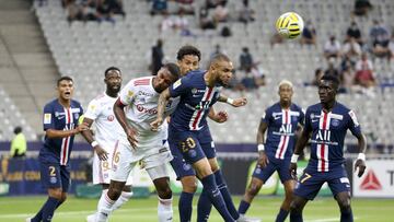 Marcelo Guedes of Lyon, Layvin Kurzawa of PSG, Idrissa Gueye Gana of PSG during the French Ligue Cup final match between Paris Saint-Germain (PSG) and Olympique Lyonnais (OL, Lyon) on July 31, 2020 at the Stade de France, in Saint-Denis, near Paris, Franc