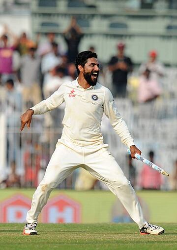 India's Ravindra Jadeja celebrates after winning the fifth and final Test cricket match between India and England.