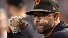 PHOENIX, ARIZONA - SEPTEMBER 19: Manager Gabe Kapler #19 of the San Francisco Giants watches from the dugout during the first inning of the MLB game against the Arizona Diamondbacks at Chase Field on September 19, 2023 in Phoenix, Arizona.   Christian Petersen/Getty Images/AFP (Photo by Christian Petersen / GETTY IMAGES NORTH AMERICA / Getty Images via AFP)