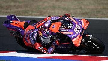 Ducati Spanish rider Jorge Martin during the qualifying session of the San Marino MotoGP Grand Prix at the Misano World Circuit Marco-Simoncelli in Misano Adriatico on September 7, 2024. (Photo by GABRIEL BOUYS / AFP)